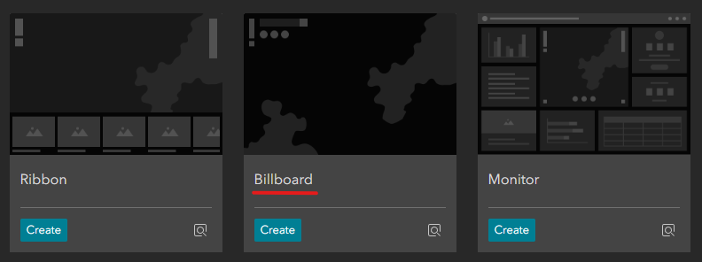The ArcGIS Experience Builder template gallery showing various layout options. The Billboard template is highlighted, featuring a large content area suitable for displaying maps.