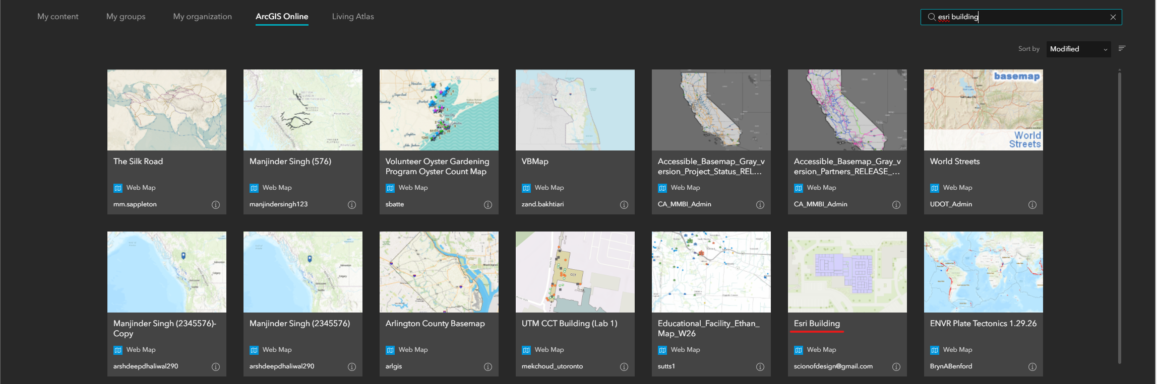 The list of maps available on ArcGIS online, including the Esri Building map.