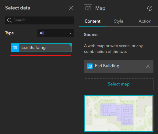 The Select data panel displaying the Esri Building map as an available data source. Click this option to use the Esri Building map in your project.