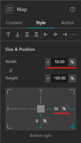 The Style settings panel for the Esri map widget. The width field is set to 50% and the from right margin is set to 50%, positioning the map on the left side of the canvas.