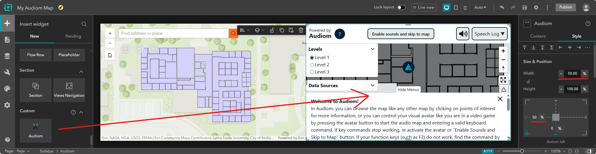 The Insert panel showing available widgets with the Audiom widget visible. The widget can be dragged onto the canvas or added by pressing Enter. The Style settings show width at 50% and from left margin at 50%.