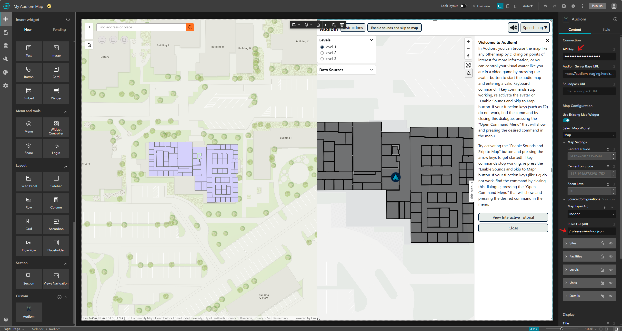 The Audiom widget Content settings panel displaying the synced map configuration. The API Key field is at the top, followed by the automatically populated view settings and layer list. The Rules File field under Source Configurations should be set to the esri-indoor.json path.